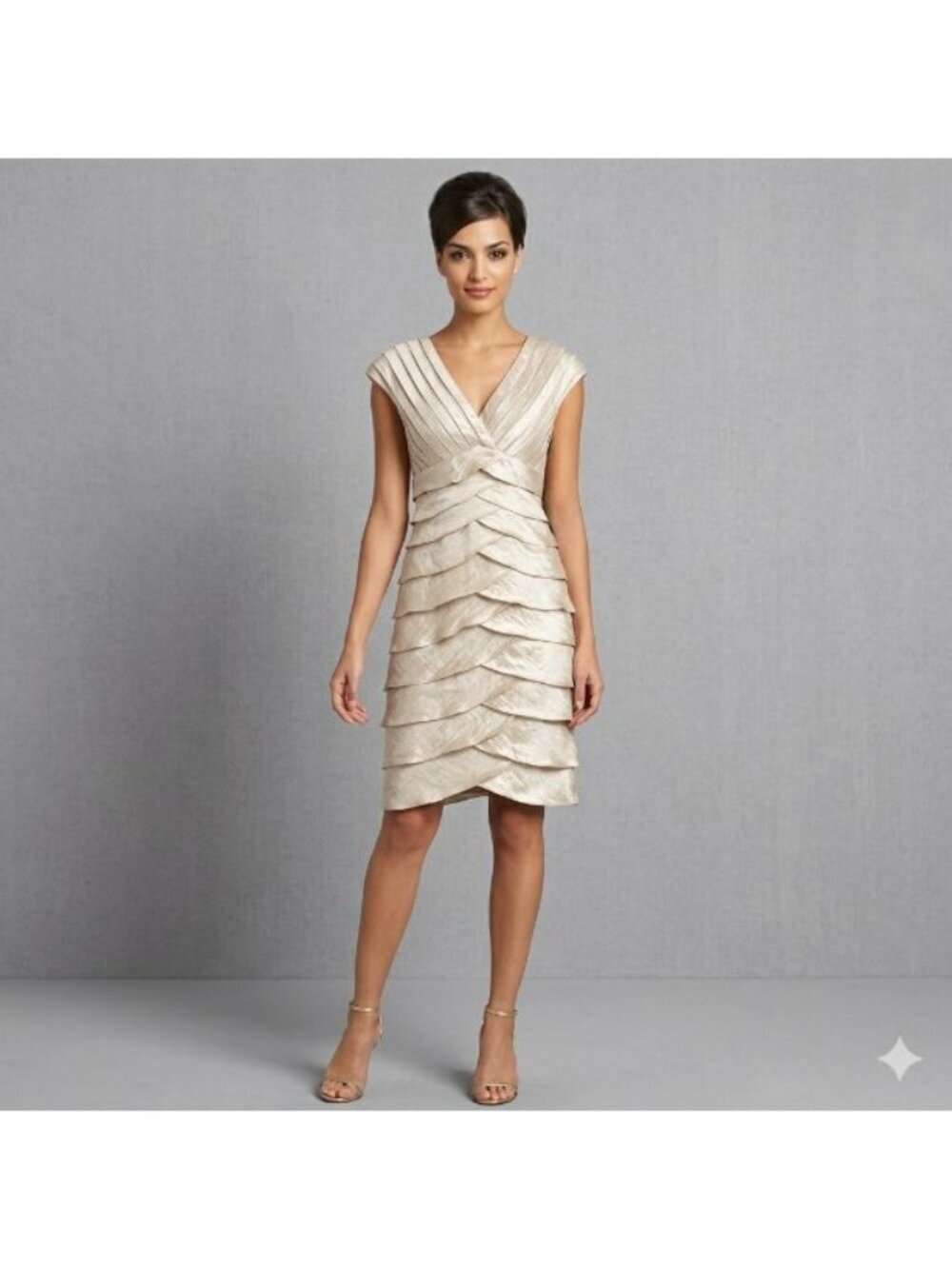 Adrianna Papell Champagne Gold Tiered Ruffle Cocktail Dress New With Tags 4